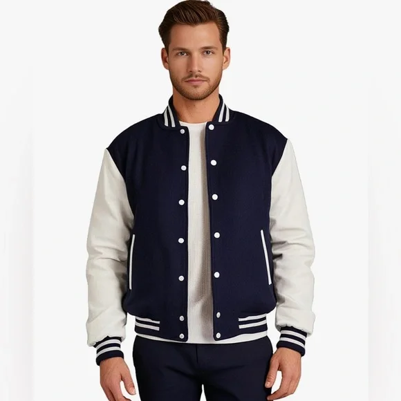 Men's Varsity Jacket Genuine Leather Sleeve & Wool Blend Letterman jacket - Picture 1 of 6